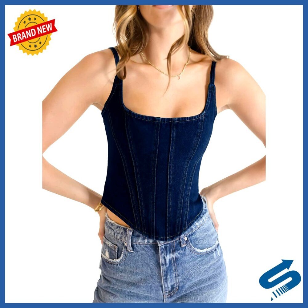 Denim Corset Tank Top Sleeveless Slim Fit Crop Top with Zipper Back